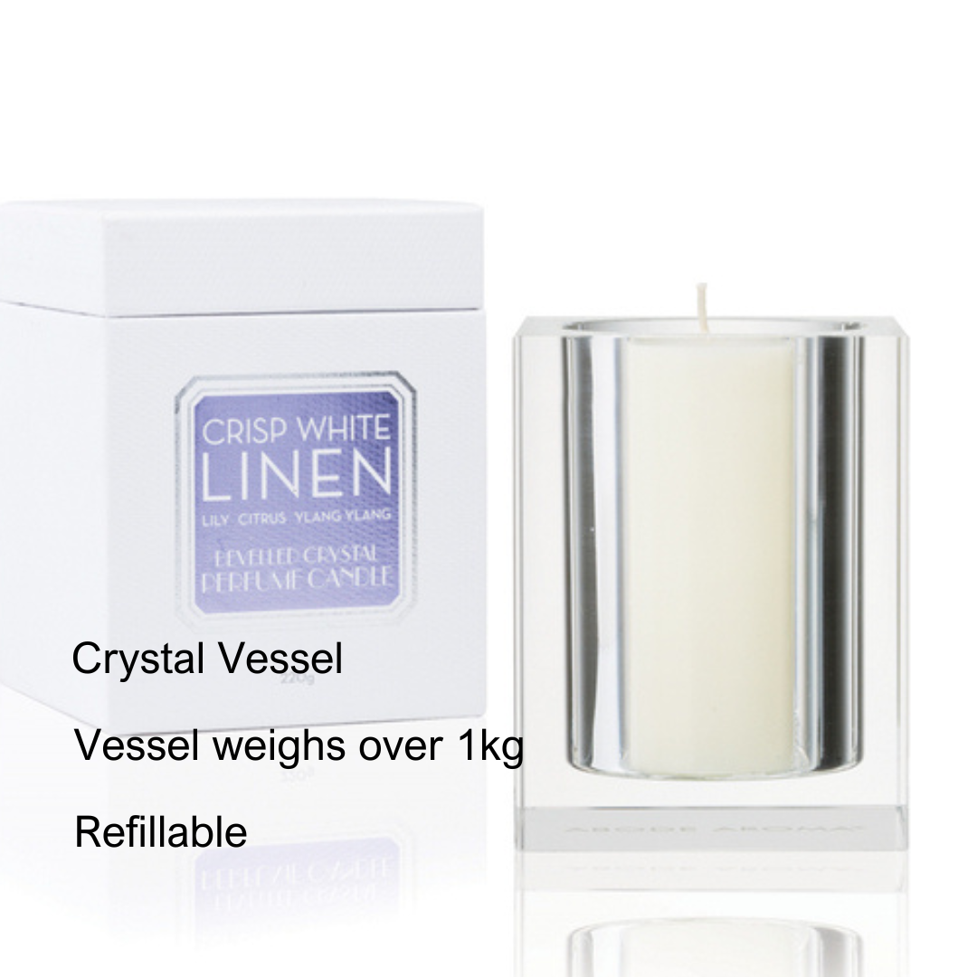 Crisp White Linen 220g Bevelled Crystal Candle