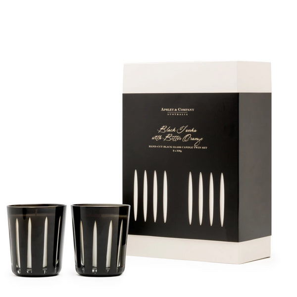 Adagio Hand Cut black Glass Candle Twin Set - Soy Wax Blend